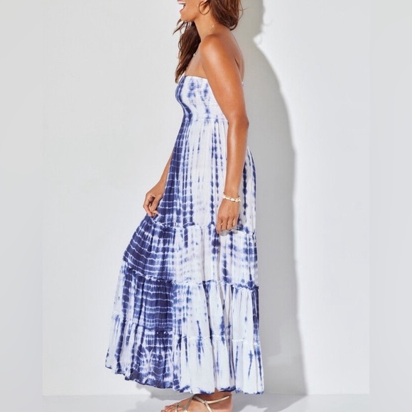 Womens Raviya Tie Dye Strapless Smocked Maxi Dress Cover up Medium White Blue - Picture 2 of 16
